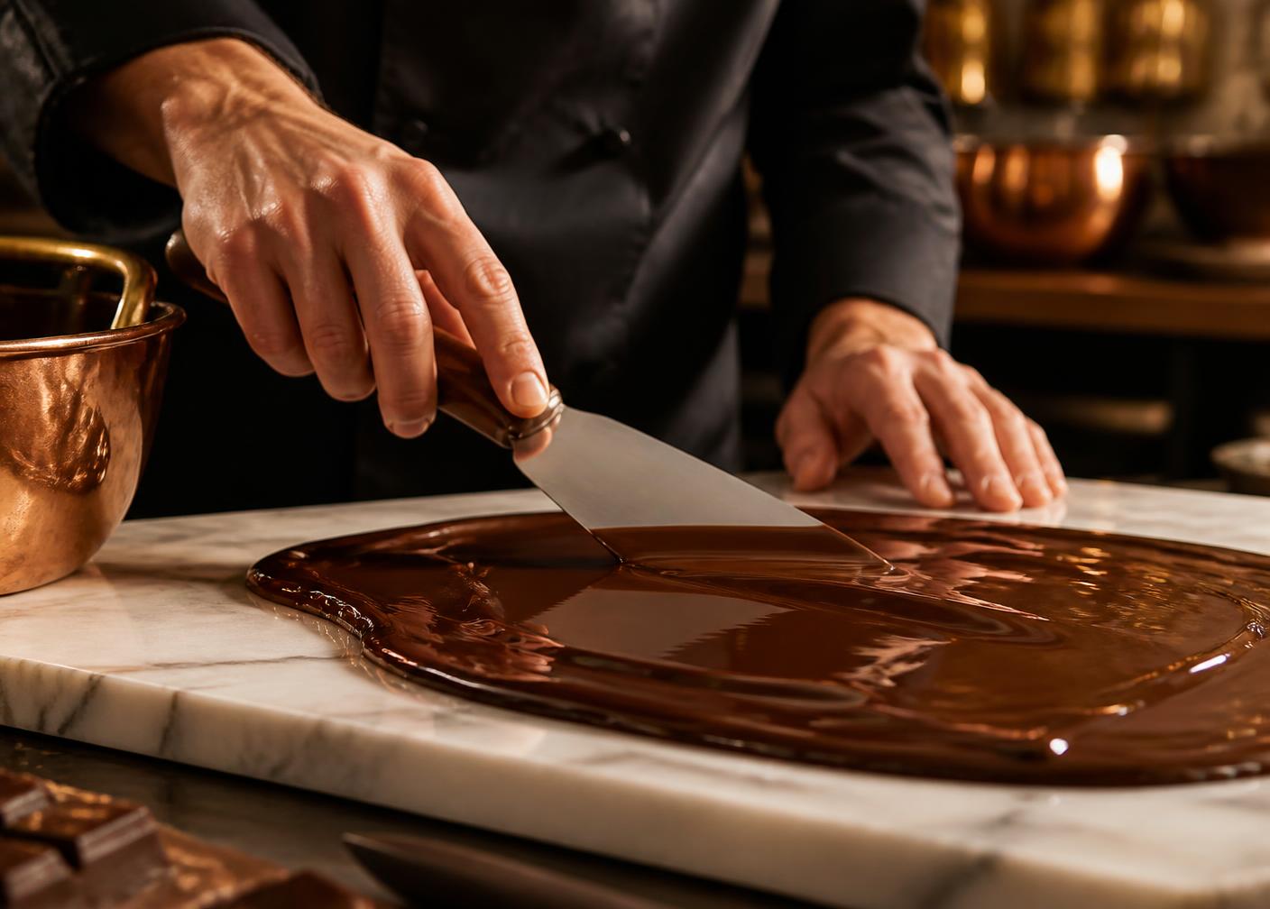 Chocolat noir tempéré à la main sur un marbre dans l'atelier Bernadotte